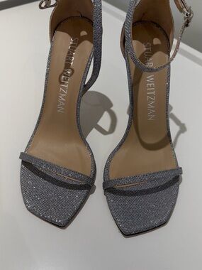 Stuart Weitzman Glittery Silver Ankle-Strap Heels